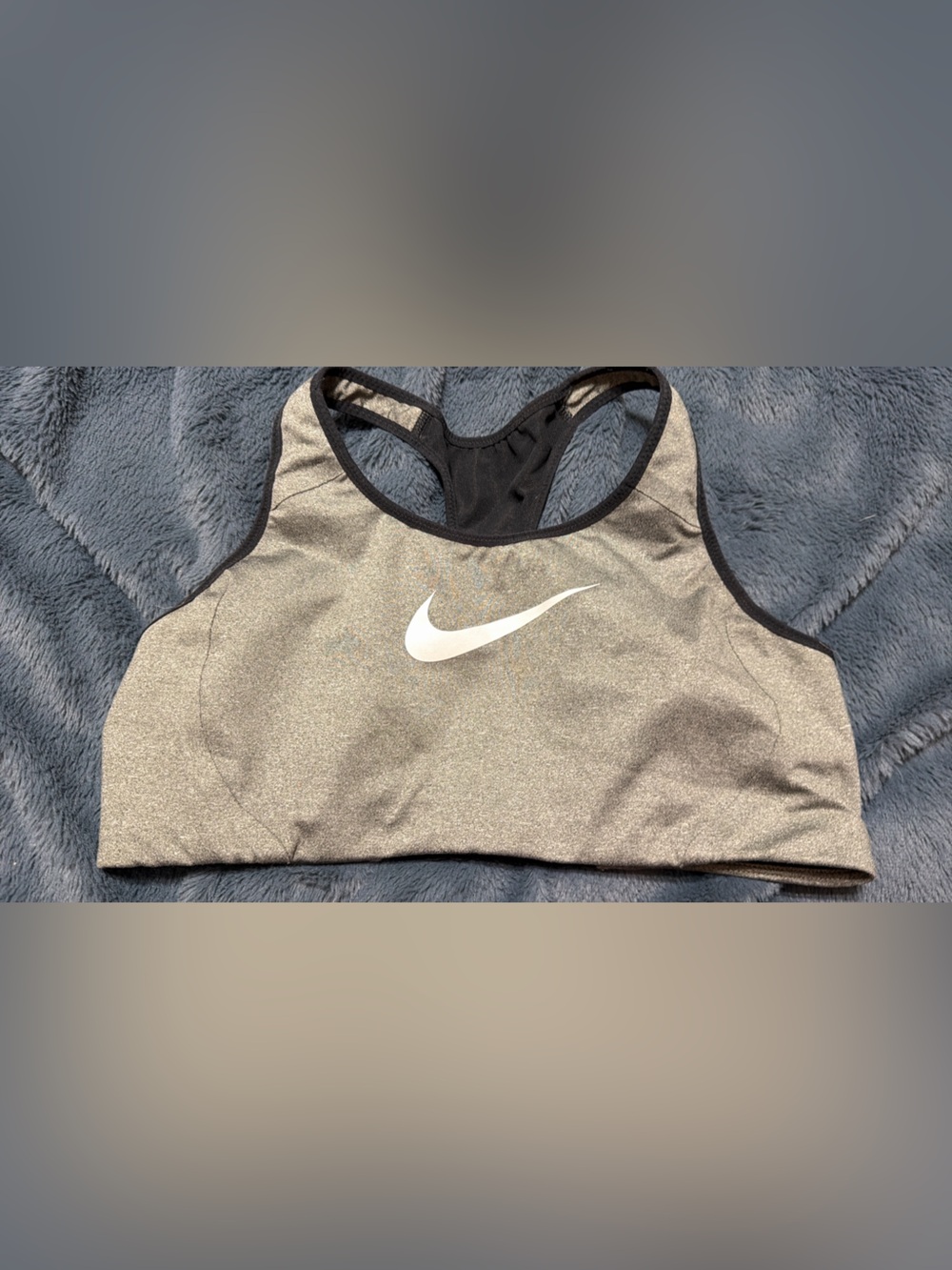 Nike Metallic Silver Sports Bra with Black Trim and White Swoosh